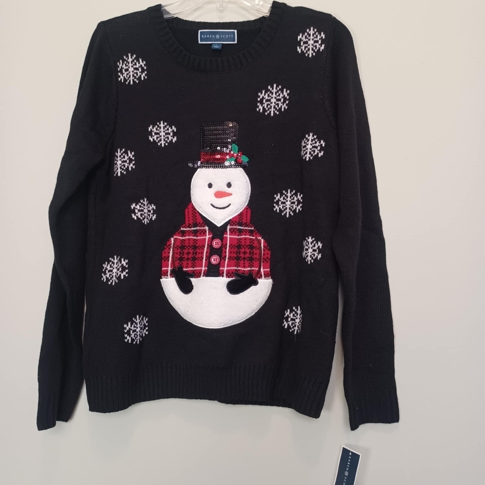 Karen Scott Women's L Winter Snowman Black Sweater, Sequin Snowflakes Holiday